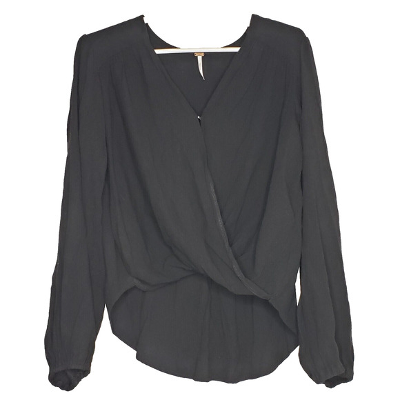 Free People Women's Top XS Black L/S Wrap Hook & Loop Front HiLo Viscose Blouse - Picture 1 of 6